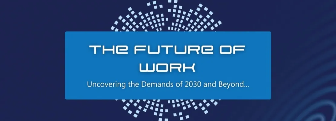 A futuristic blue textbox on a darker blue background with the phrase 'future of work' to represent the 'business trends' infographic.